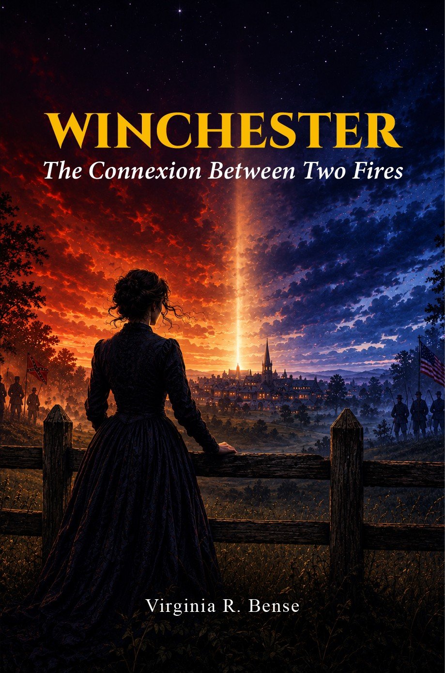Winchester: The Connexion Between Two Fires book cover: a woman in a dark Victorian dress at a wooden fence, watching a beam of light rise over a divided sky